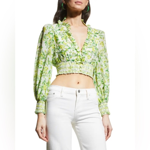 Alice + Olivia Callico Front Ruffle Smocked Waist Crop Blouse - Picture 1 of 11